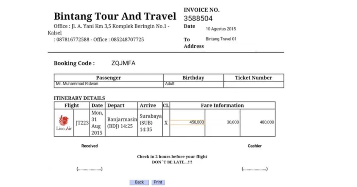 Contoh Invoice Tagihan Travel