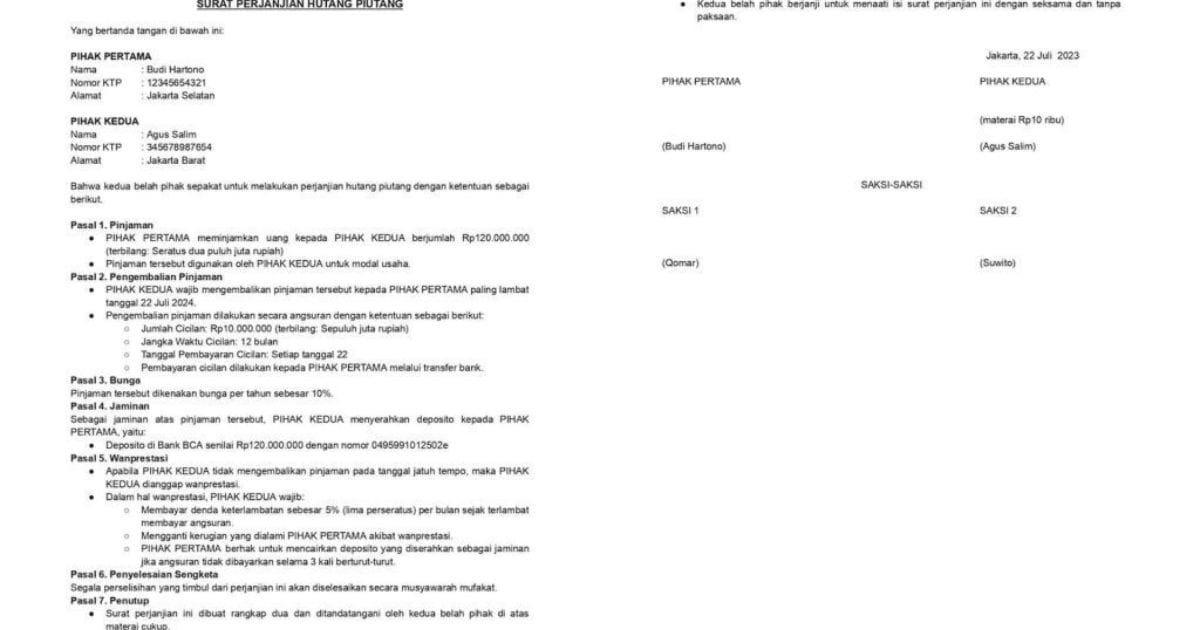 Contoh Surat Perjanjian Hutang Piutang